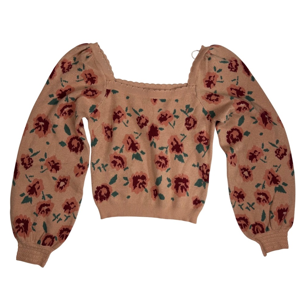 Willow & Wind Cottagecore Floral Women Puff Sleeve Sweater Pink Rayon Blend